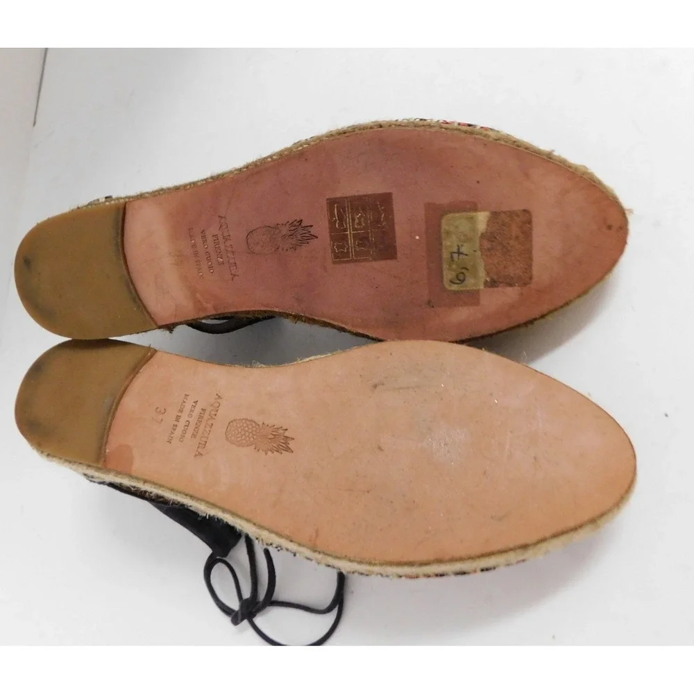 AQUAZZURA Belgravia Blue Suede Raffia Embroidered Woven Espadrilles sz 37